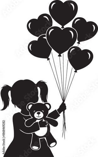 Silhouette of a girl holding heart balloons and a teddy bear