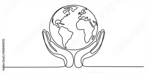 Continuous line art of two cupped hands holding the earth globe Vector, illustration