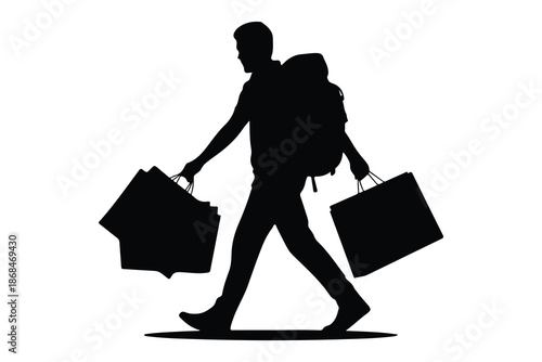 Silhouette of Person Carrying Shopping Bags and Backpack