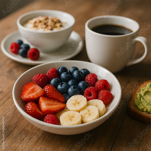 Healthy breakfast with fresh fruit bowl, coffee, yogurt with granola, and avocado toast
