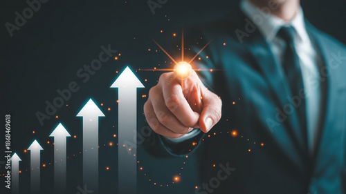 Symbolic leadership concept with anonymous business professional pointing forward toward glowing arrows and future targets. New year business growth theme, modern minimal design, dark background.