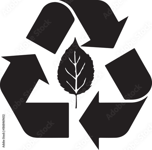 Black silhouette of the recycling symbol with a detailed leaf in the center on a white background