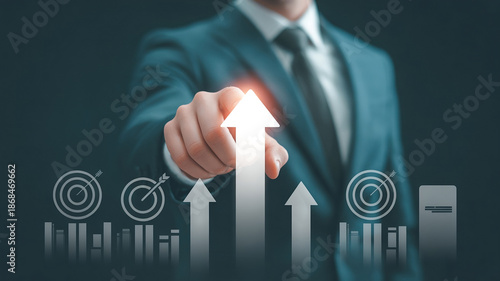 Symbolic leadership concept with anonymous business professional pointing forward toward glowing arrows and future targets. New year business growth theme, modern minimal design, dark background.