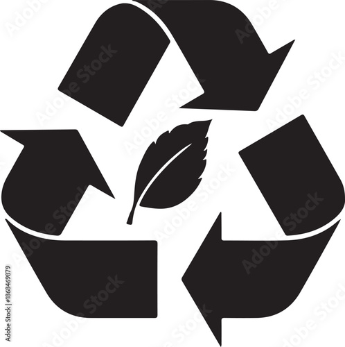 Black silhouette of the universal recycling symbol with a stylized leaf in the center on a white background