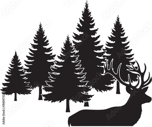 Majestic Deer Stag Silhouette with Forest Landscape on White Background.