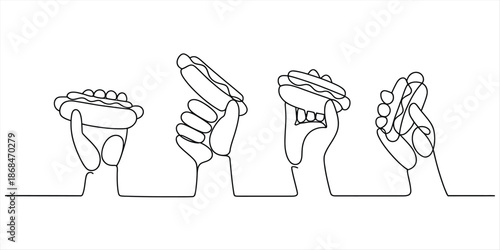 Minimalist continuous line drawing of hands holding fast food hot dogs Vector, illustration