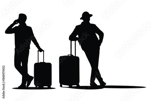 Two Silhouettes with Luggage Standing Apart two people
