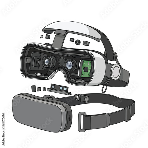 Disassembled virtual reality headset with components laid out on a plain white background, showcasing inner mechanics and parts.
