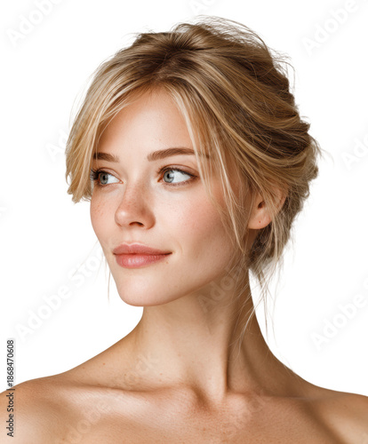 Captivating portrait of a young woman neutral side view, isolated on transparent background, png