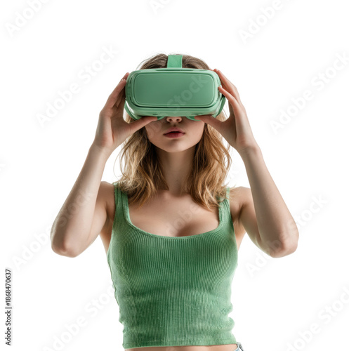 Exploring virtual reality experiences with a green headset digital content engaging perspective, isolated on transparent background, png