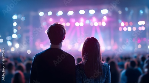 A man and woman from behind captivated by a lively music performance with dramatic stage lighting and a crowd visible in the soft focus background