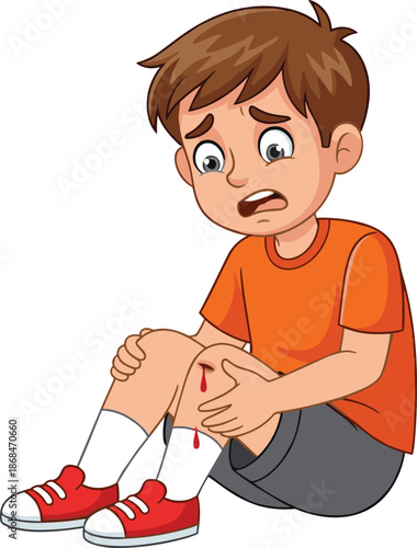 Cartoon injured boy sitting on ground holding bleeding knee with painful expression accident injury and childhood health illustration