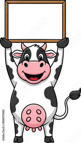 Cute cartoon cow holding blank sign board above head smiling farm animal mascot illustration for kids and dairy concept