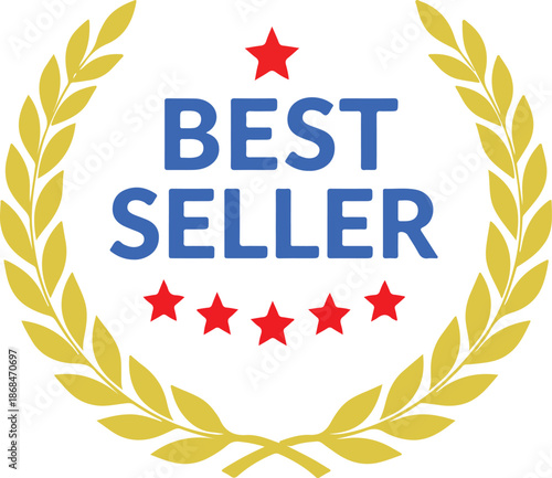 Laurel Wreath Emblem with Blue Best Seller Text and Red Stars bestseller award