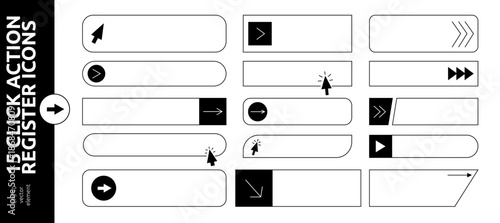 Click Here Buttons Cursor Mouse Pointer Icon Set. Black and White Click Action Register Now Bar. Vector Line Kit