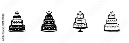 Tiered Cake Designs In Hand Drawn Style Set. Celebration, Wedding, Birthday, And Festive Event Doodle Sketch Collection. Decorative Dessert Illustrations. Isolated Vector Illustration
