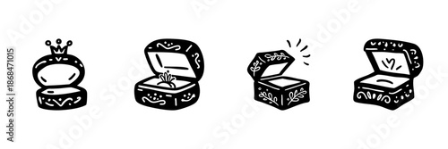 Open Jewelry Boxes In Hand Drawn Style Set. Engagement, Proposal, Gift Presentation Doodle Sketch Collection. Romantic Gesture Illustration. Isolated Vector Illustration