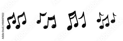 Musical Notes In Hand Drawn Style Set. Melody, Rhythm, And Sound Representation Doodle Sketch Collection. Music Symbolism. Isolated Vector Illustration
