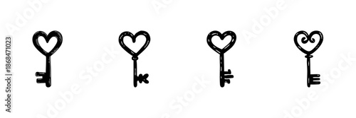 Heart-Shaped Keys In Hand Drawn Style Set. Love, Romance, And Symbolic Access Doodle Sketch Collection. Vintage Key Design. Isolated Vector Illustration