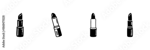 Lipstick Collection In Hand Drawn Style Set. Beauty And Makeup Essentials Doodle Sketch Collection. Cosmetic Product Variety. Isolated Vector Illustration