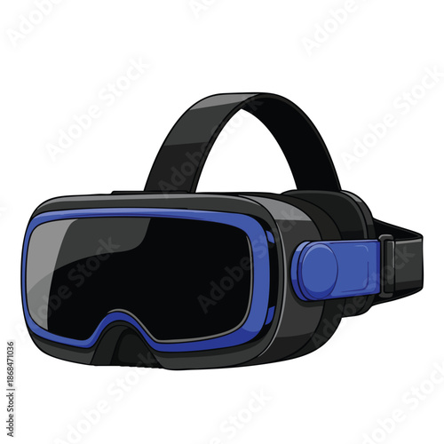 Close-up view of a black virtual reality headset with blue accents on a white background.