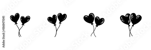 Heart-Shaped Balloons In Hand Drawn Style Set. Romantic Celebration, Love, And Festive Decoration Doodle Sketch Collection. Valentine'S Day Theme. Isolated Vector Illustration