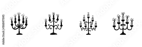 Candelabra Collection In Hand Drawn Style Set. Elegant Lighting, Vintage Decor, Candle Holder Doodle Sketch Collection. Classic Ambiance, Home Decor. Isolated Vector Illustration