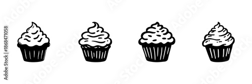 Cupcake Illustrations In Hand Drawn Style Set. Sweet Dessert, Bakery, Confectionery Doodle Sketch Collection. Whipped Cream Topping. Isolated Vector Illustration