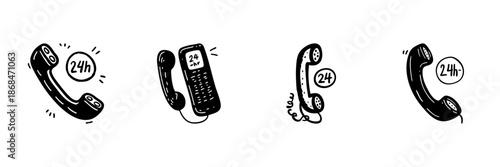 24-Hour Phone Service Icons In Hand Drawn Style Set. Customer Support, Helpline, Emergency Contact Doodle Sketch Collection. Communication And Assistance. Isolated Vector Illustration