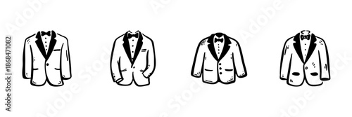 Tuxedo Jacket Collection In Hand Drawn Style Set. Formal Wear, Elegant Suit, Bow Tie Fashion Doodle Sketch Collection. Classic Men'S Attire. Isolated Vector Illustration