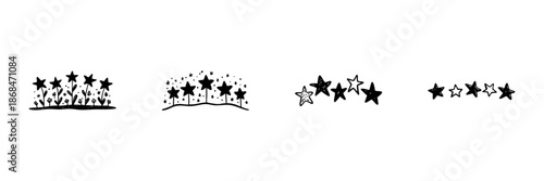 Starry Night Garden And Rating Stars In Hand Drawn Style Set. Celestial Growth, Nature'S Beauty, And Evaluation Doodle Sketch Collection. Whimsical And Artistic. Isolated Vector Illustration