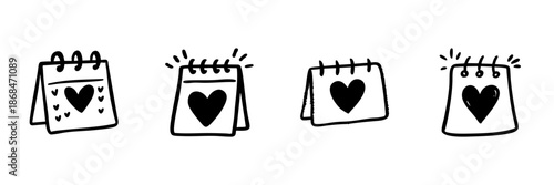 Heart-Themed Calendar Icons In Hand Drawn Style Set. Love And Relationship Planning Doodle Sketch Collection. Romantic Date Reminder. Isolated Vector Illustration