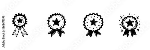 Award Ribbon Icons With Stars In Hand Drawn Style Set. Achievement, Recognition, Excellence, And Success Doodle Sketch Collection. Decorative Elements. Isolated Vector Illustration
