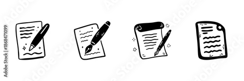 Writing Tools And Paper Icons In Hand Drawn Style Set. Creative Writing, Note Taking, And Documentation Doodle Sketch Collection. Stationery And Office Supplies. Isolated Vector Illustration