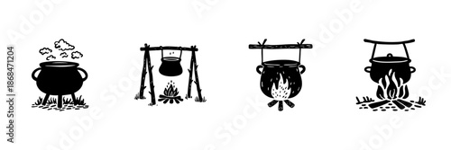 Cauldron And Campfire Cooking Icons In Hand Drawn Style Set. Outdoor Cooking, Camping, And Wilderness Survival Doodle Sketch Collection. Rustic Culinary Adventure. Isolated Vector Illustration