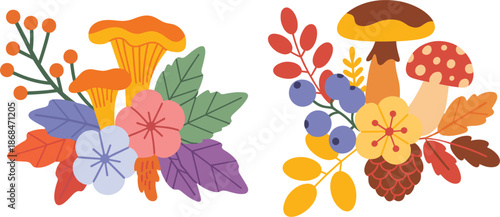 Autumn forest floral arrangement illustration set with mushrooms, wild berries, and colorful fall leaves for seasonal nature decor