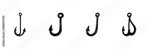 Fishing Hooks In Hand Drawn Style Set. Angling Equipment, Baiting Tools, Recreational Fishing Doodle Sketch Collection. Nautical Adventure Essentials. Isolated Vector Illustration