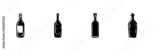 Four Wine Bottles In Hand Drawn Style Set. Beverage Packaging, Vintage Alcoholic Drink Doodle Sketch Collection. Rustic Winery, Bar Decor. Isolated Vector Illustration