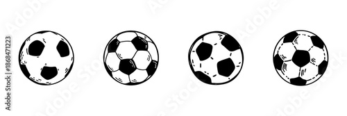 Soccer Ball Variations In Hand Drawn Style Set. Football Design, Sports Equipment, Game Icon Doodle Sketch Collection. Athletic Recreation Symbols. Isolated Vector Illustration
