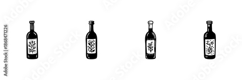 Wine Bottles With Floral Labels In Hand Drawn Style Set. Vintage Beverage Packaging, Artistic Label Design Doodle Sketch Collection. Rustic Aesthetic. Isolated Vector Illustration