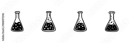 Four Laboratory Flasks In Hand Drawn Style Set. Chemistry Experiment, Scientific Research, Laboratory Equipment Doodle Sketch Collection. Isolated Vector Illustration