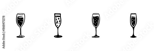 Champagne Flutes In Hand Drawn Style Set. Celebration, Festive Toasting, Party Drink Doodle Sketch Collection. Elegant Glassware Illustration. Isolated Vector Illustration