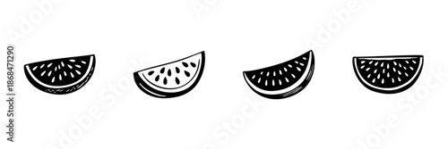 Four Citrus Fruit Slices In Hand Drawn Style Set. Freshness, Vitamin C, Healthy Eating Doodle Sketch Collection. Juicy Fruit Illustration. Isolated Vector Illustration