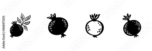 Pomegranate Icons In Hand Drawn Style Set. Fruit Symbolism, Health Benefits, Antioxidant Properties Doodle Sketch Collection. Natural Food Illustration. Isolated Vector Illustration