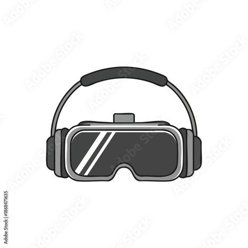 A grayscale illustration of virtual reality goggles with a headband and earpieces on a white background.