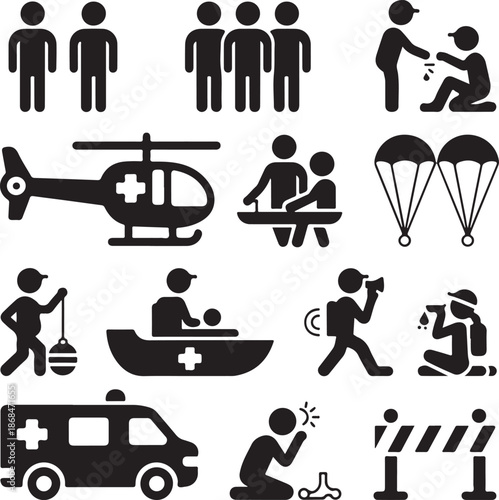 Emergency response and rescue icons set
