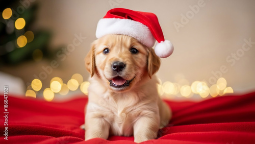 Adorable Golden Retriever Puppy Wearing a Santa Hat with Festive Bokeh Lights
