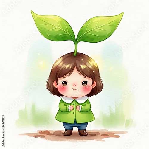 Cute Sprout Girl Illustration – Kawaii Nature Character with Green Leaves