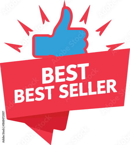 Red Ribbon Banner with Blue Thumbs Up Icon and Best Seller Text bestseller like