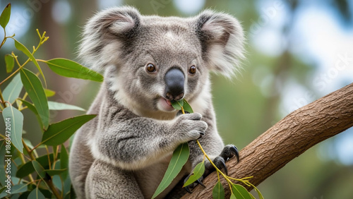 Adorable koala munching on eucalyptus leaves while perched on a tree branch